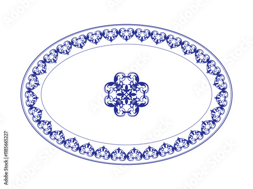 Oriental porcelain plate with blue pattern on white background. Oval frame arabesque. Plate with a large floral element in the center.  Moroccan pattern. Pattern frame for oval ceramics, textiles
