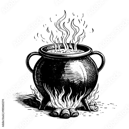 witch cauldron engraving sketch engraving black and white outline. Scratch board imitation.  illustrated in vintage line art style on a white background.
