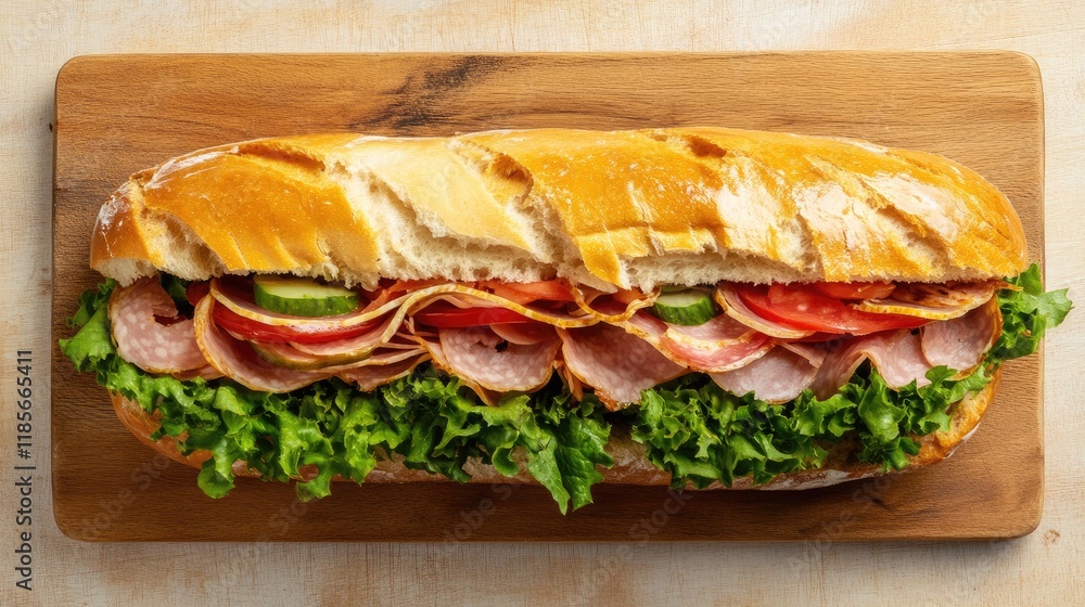 Appetizing sandwich with fresh ingredients displayed on wooden cutting board viewed from above Appetizing sandwich with fresh ingredients displayed on wooden cutting board viewed from above