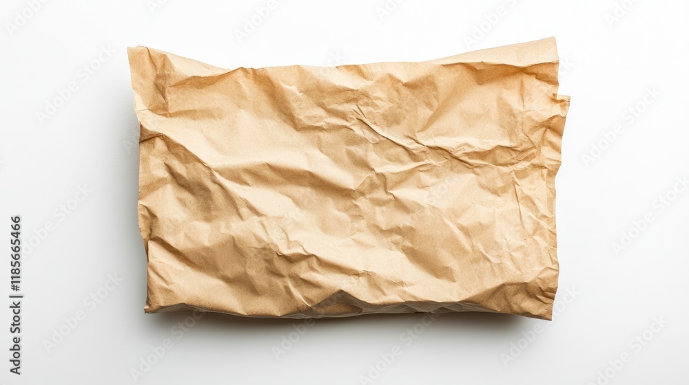 Crumpled brown paper bag placed on a clean white background showcasing texture and simplicity for packaging or artistic purposes. Crumpled brown paper bag placed on a clean white background showcasing texture and simplicity for packaging or artistic purposes.