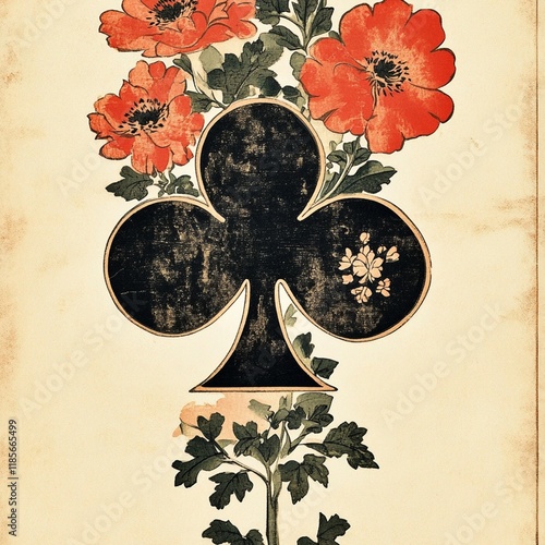 card with flowers
Hokusai's Ukiyo-e print depicting an ace of clubs symbol filled iwth flowers, white background photo