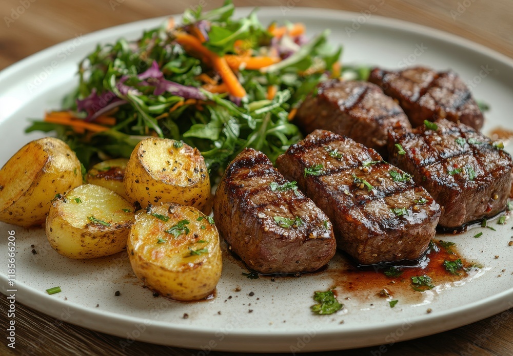 Juicy Grilled Steak with Herb Butter Served on a Plate with Roasted Potatoes and Fresh Garden Salad Featuring Colorful Vegetables and Greens Juicy Grilled Steak with Herb Butter Served on a Plate with Roasted Potatoes and Fresh Garden Salad Featuring Colorful Vegetables and Greens