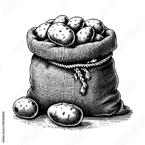 sack of potatoes engraving black and white outline. Scratch board imitation.

