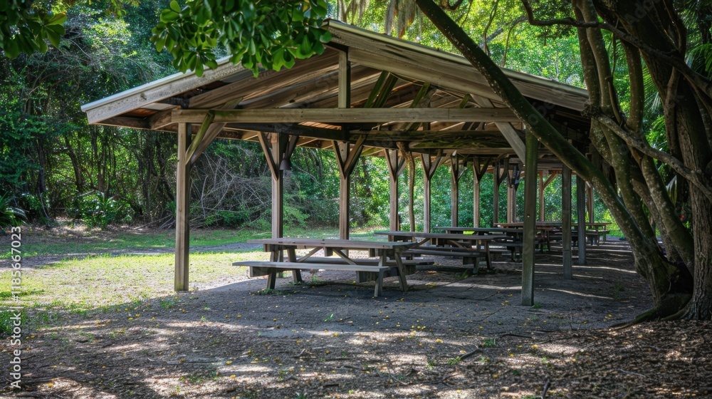 Shaded Picnic Area: A designated area with covered pavilions and picnic tables, offering a cool, shaded spot for group gatherings, picnics, and outdoor relaxation.
