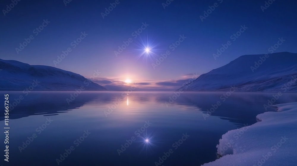 Serene winter landscape with a calm lake reflecting the twilight sky and distant mountains. Serene winter landscape with a calm lake reflecting the twilight sky and distant mountains.