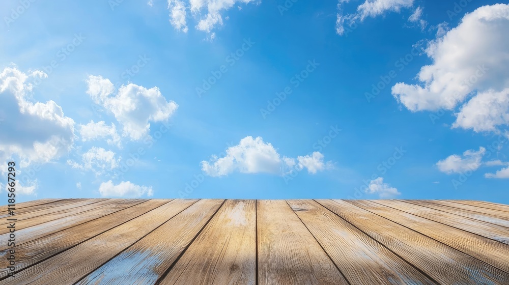 Wooden Tabletop with Clear Blue Sky and White Clouds Ideal for Product Display and Creative Backgrounds Wooden Tabletop with Clear Blue Sky and White Clouds Ideal for Product Display and Creative Backgrounds