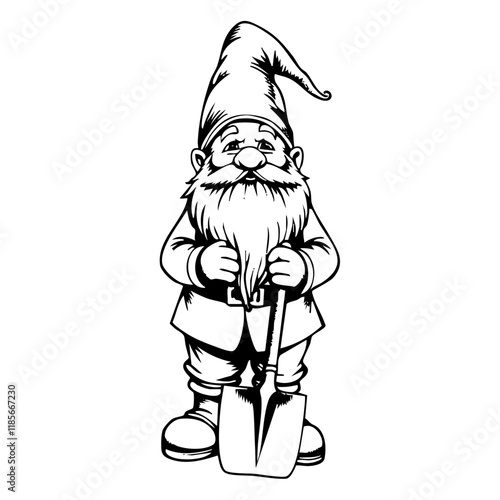 gnome holding shovel engraving black and white outline. Scratch board imitation. illustrated in vintage line art style on a white background.
