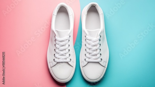 Wallpaper Mural Trendy white sneakers displayed on a vibrant two-tone background showcasing minimalist footwear design from a top-down perspective Torontodigital.ca