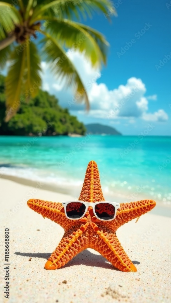 Starfish in sunglasses, palm tree background, white sand, tropics Starfish in sunglasses, palm tree background, white sand, tropics