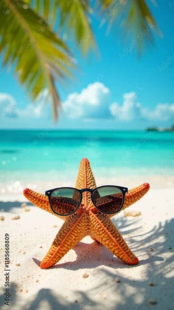 Starfish in sunglasses, palm tree background, white sand, tropics