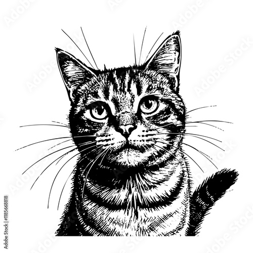 Cute cat sketch engraving black and white outline. Scratch board imitation.  illustrated in vintage line art style on a white background.
