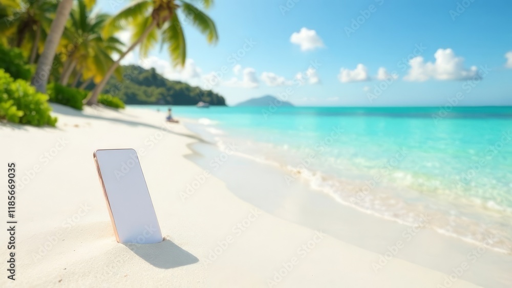 tablet on the beach. A smartphone with a white screen lies on a white sand beach, a beautiful sunny tropical lagoon, sea, ocean. A relaxing holiday. tablet on the beach. A smartphone with a white screen lies on a white sand beach, a beautiful sunny tropical lagoon, sea, ocean. A relaxing holiday.