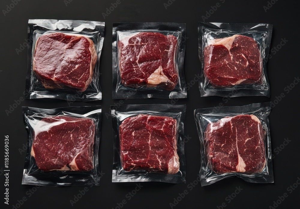 Premium Uncooked Beef Cuts in Vacuum Sealed Packaging Ideal for Culinary Professionals and Home Cooks, Showcasing Quality and Freshness on a Dark Background Premium Uncooked Beef Cuts in Vacuum Sealed Packaging Ideal for Culinary Professionals and Home Cooks, Showcasing Quality and Freshness on a Dark Background