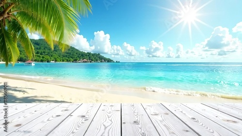 beach with wooden floor, tropical sea beach background with white wood panel
