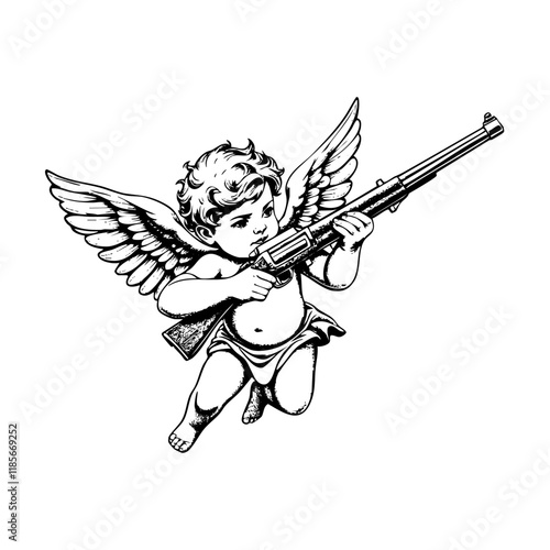 Baby angel holding gun sketch engraving black and white outline. Scratch board imitation.  illustrated in vintage line art style on a white background.
