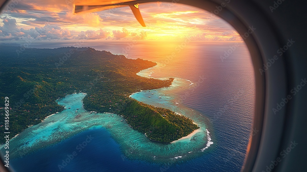 Naklejka premium A breathtaking aerial view of a tropical coastline at sunset, showcasing vibrant colors and serene ocean waters.