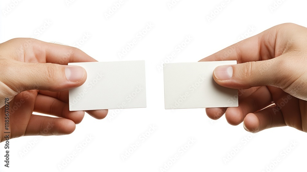 Obraz premium Two Hands Exchanging Blank Business Cards on White Background