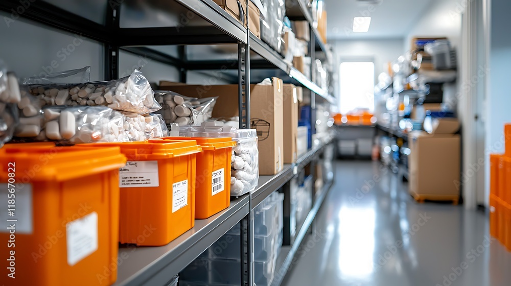 Naklejka premium Rows of color coded storage bins and shelves in an organized industrial style warehouse facility