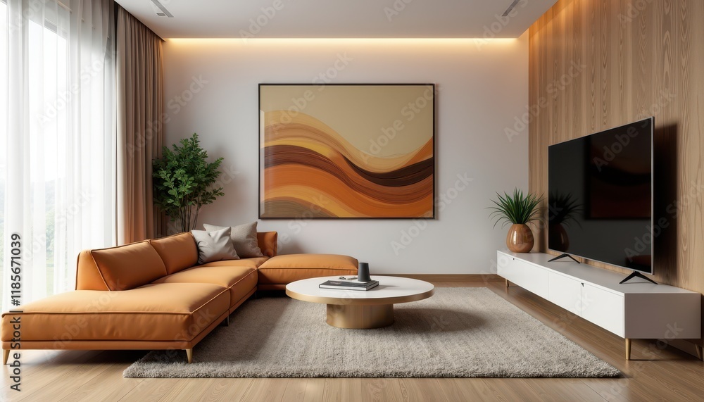 Fototapeta premium A 3D-rendered stock photo of a contemporary living room with a tan sectional sofa, large TV, and abstract art on the wall.
