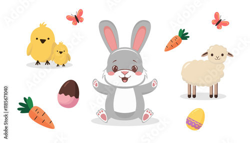 Adorable bunny, chicks, and a sheep surrounded by carrots, eggs, and butterflies on a white background. Easter celebration concept