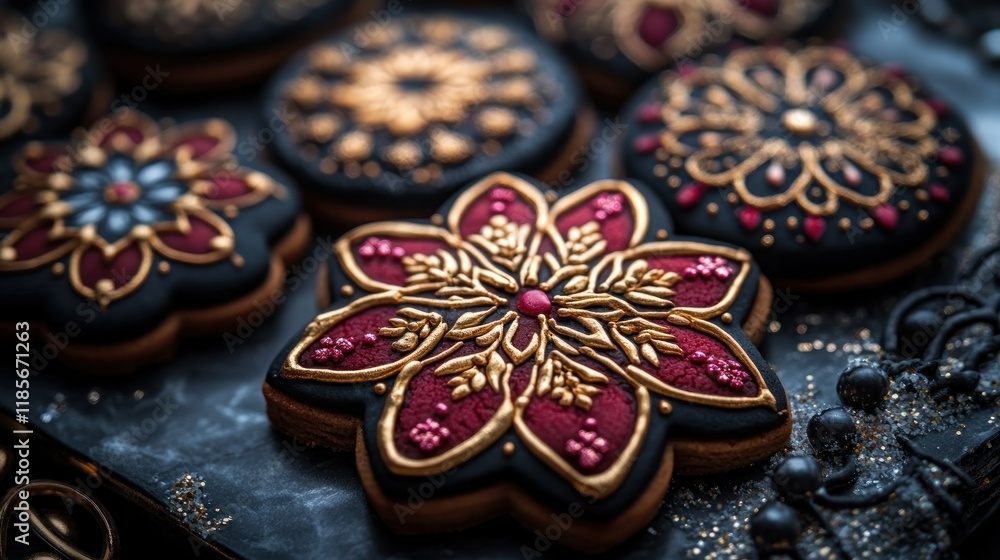 Dark elegant decorated cookies with gold and maroon icing. Dark elegant decorated cookies with gold and maroon icing.