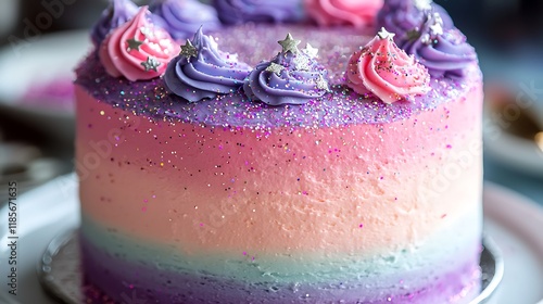 Rainbow ombre cake with frosting and sprinkles. Perfect for birthday parties photo