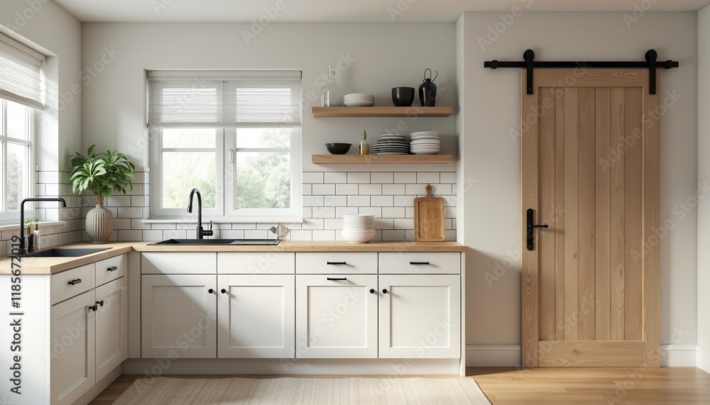 A 3D-rendered stock photo of a farmhouse-style kitchen with white cabinets and a barn door. A 3D-rendered stock photo of a farmhouse-style kitchen with white cabinets and a barn door.