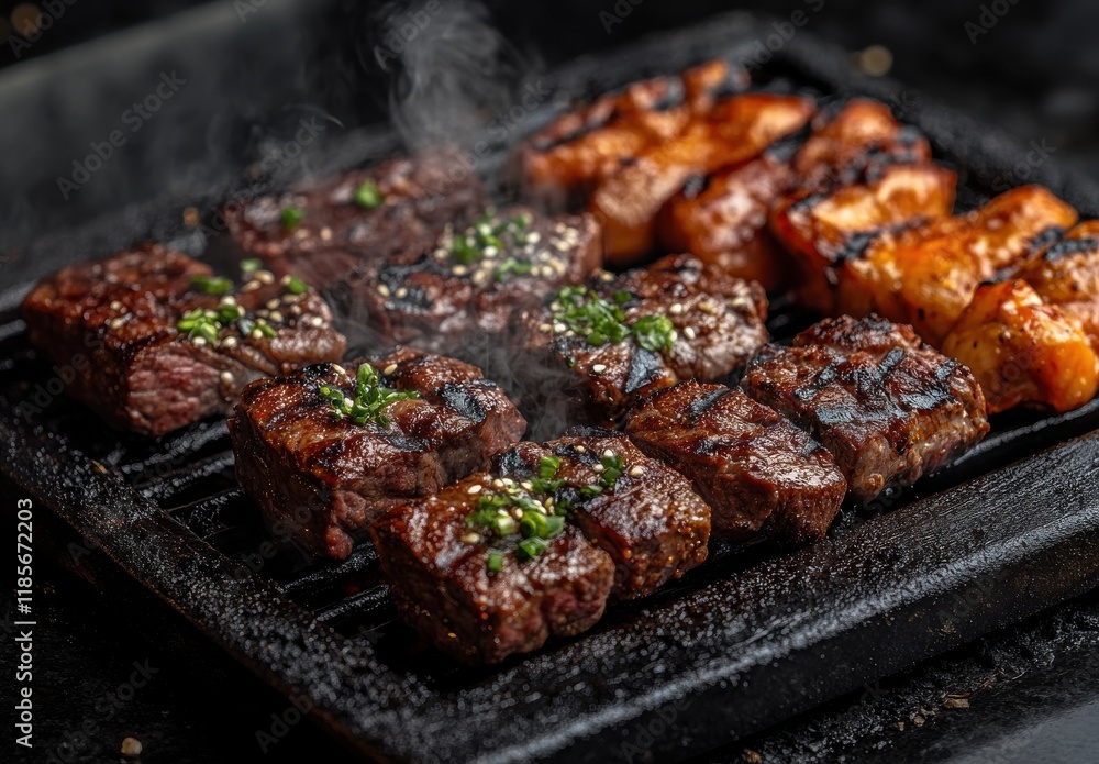 Sizzling Grilled Meat on a Barbecue Grill with Succulent Cuts of Beef and Delicious Marinades, Captured in High-Quality Detail, Perfect for Culinary Displays Sizzling Grilled Meat on a Barbecue Grill with Succulent Cuts of Beef and Delicious Marinades, Captured in High-Quality Detail, Perfect for Culinary Displays