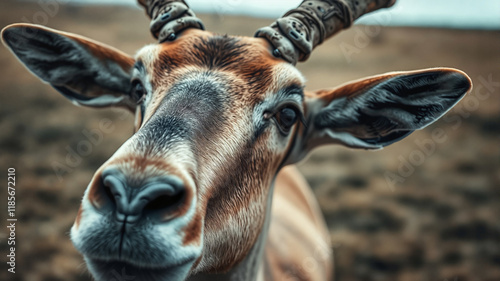 Saiga Antelope, alert, standing in open steppe close-up with copy space photo