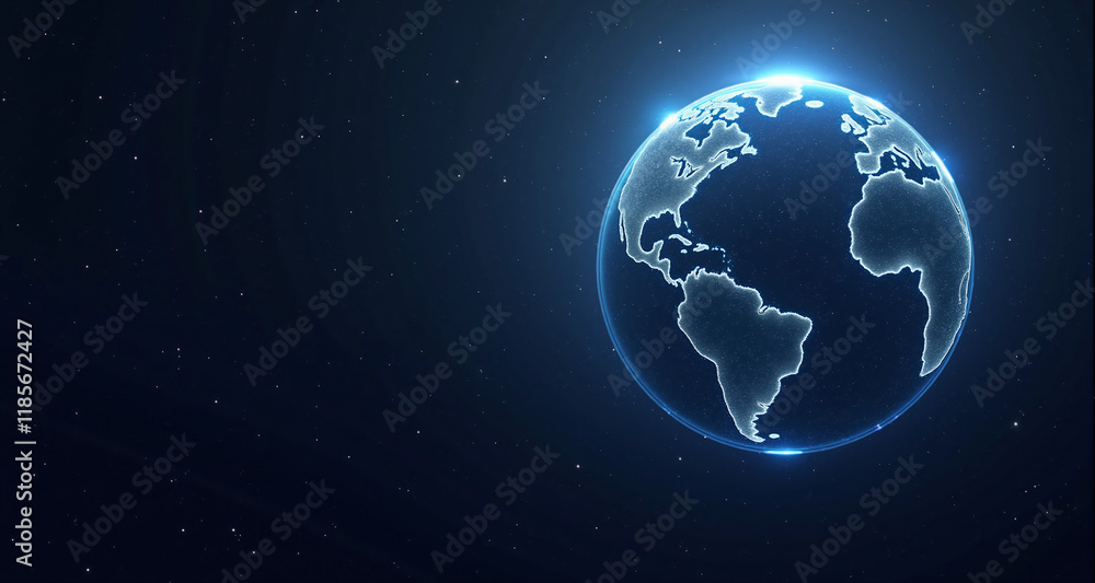 Fototapeta premium Glowing Digital Earth with North and South America in Space Against a Starry Background 