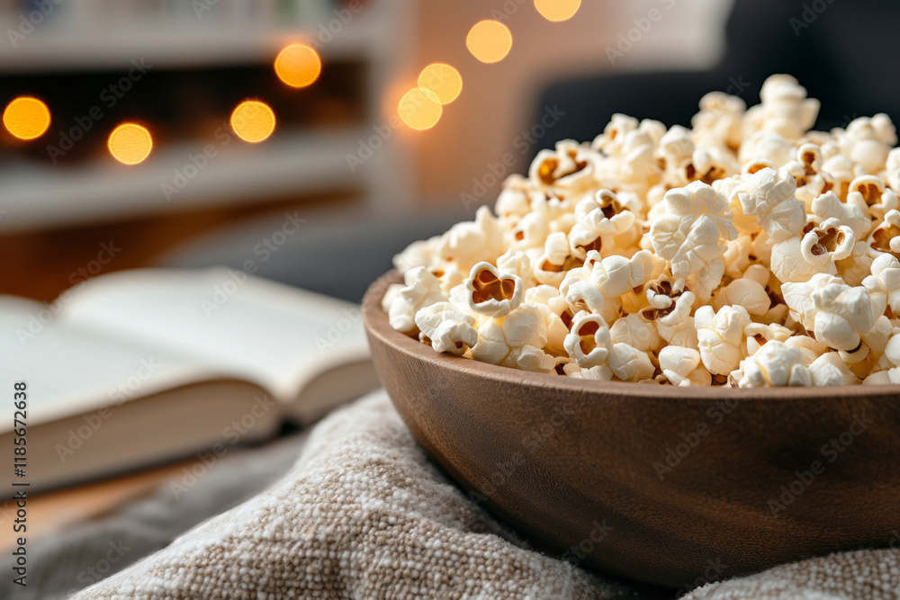 Bowl of popcorn on a cozy blanket. Concept hygge comfort and relaxation at home. Bowl of popcorn on a cozy blanket. Concept hygge comfort and relaxation at home.