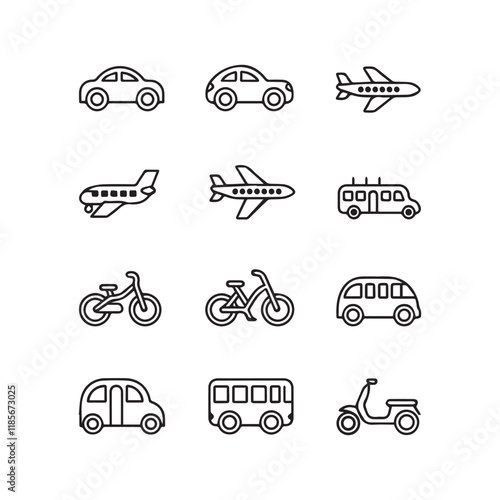 Travel and Transport line icon set. Containing car, bike, plane, train, bicycle, motorbike, bus and scooter icons. Transportation Simple line icon collection vector line art