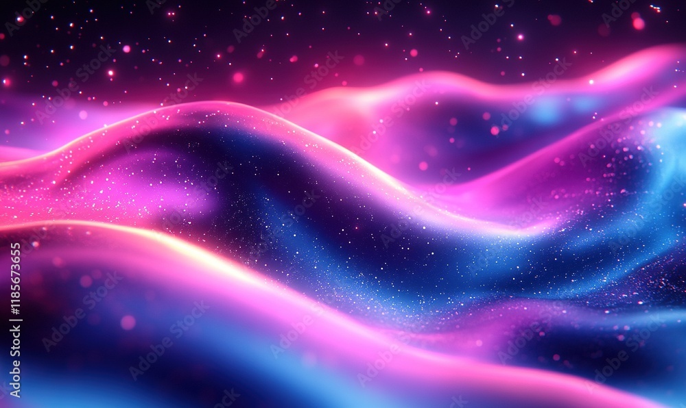 Fototapeta premium A vibrant, abstract landscape with flowing waves of pink and blue hues, creating a cosmic and dreamy atmosphere.