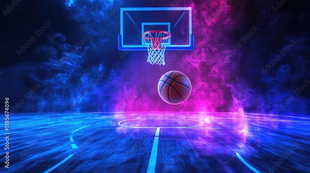 Naklejka premium A striking image of a basketball rolling toward a hoop, with the bright colors of the court and surrounding elements creating a lively atmosphere.