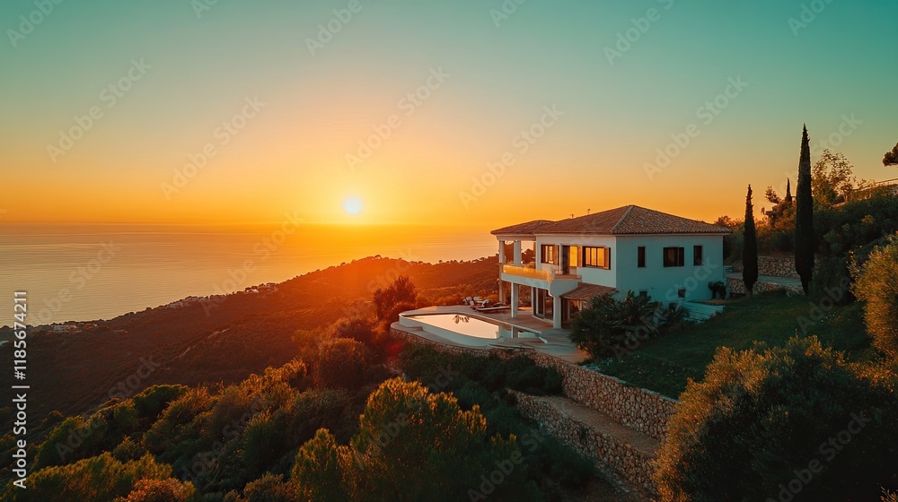 A modern luxury villa on a hill with a panoramic Mediterranean sunset view. A modern luxury villa on a hill with a panoramic Mediterranean sunset view.