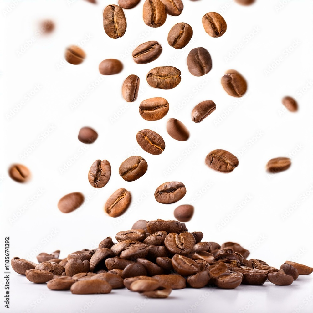 Obraz premium coffee beans falling into pile of beans on table with white background