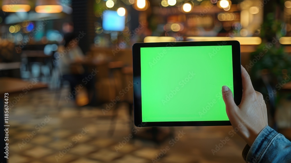 Tablet pc with green screen in a cafe. Blurred background Tablet pc with green screen in a cafe. Blurred background