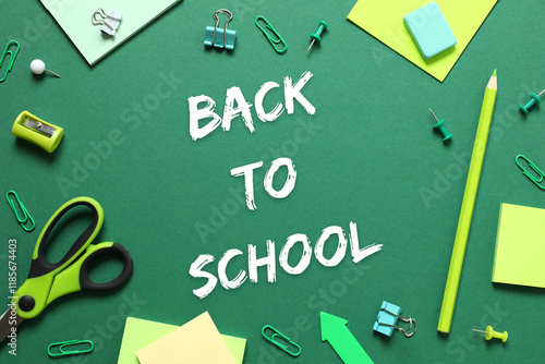 Back to school concept. Flat lay with school stationery on color background, top view photo