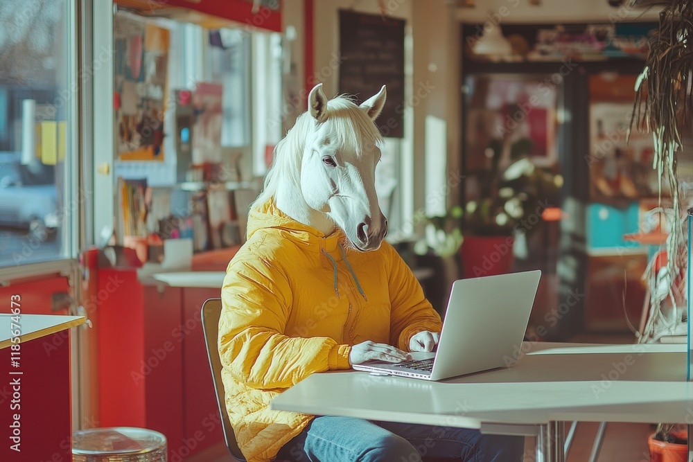 Naklejka premium A woman is sitting at a table with a laptop, wearing a yellow jacket