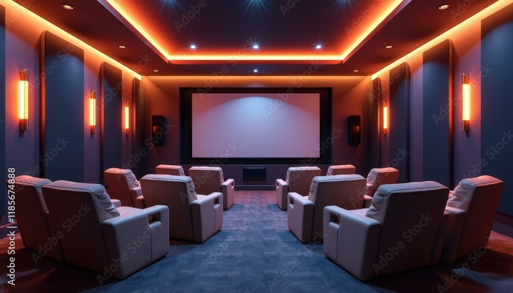 A 3D-rendered stock photo of a home theater room with plush seating, a large screen, and ambient lighting. A 3D-rendered stock photo of a home theater room with plush seating, a large screen, and ambient lighting.