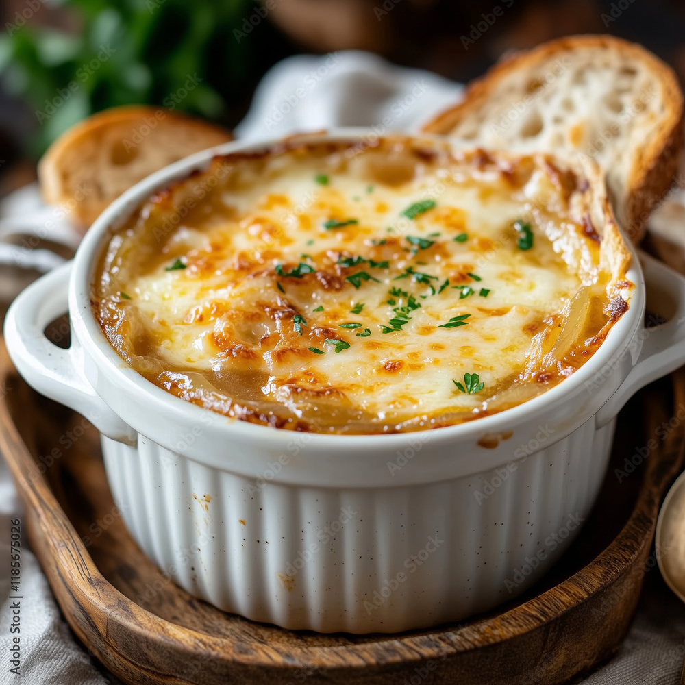 Classic French Onion Soup with Melted Cheese and Toasted Bread in a Rustic Setting
Classic French Onion Soup with Melted Cheese and Toasted Bread in a Rustic Setting