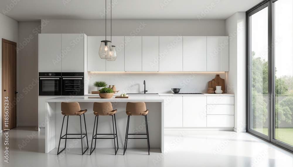 A 3D-rendered stock photo of a modern minimalist kitchen with clean white countertops and an island with bar stools. A 3D-rendered stock photo of a modern minimalist kitchen with clean white countertops and an island with bar stools.