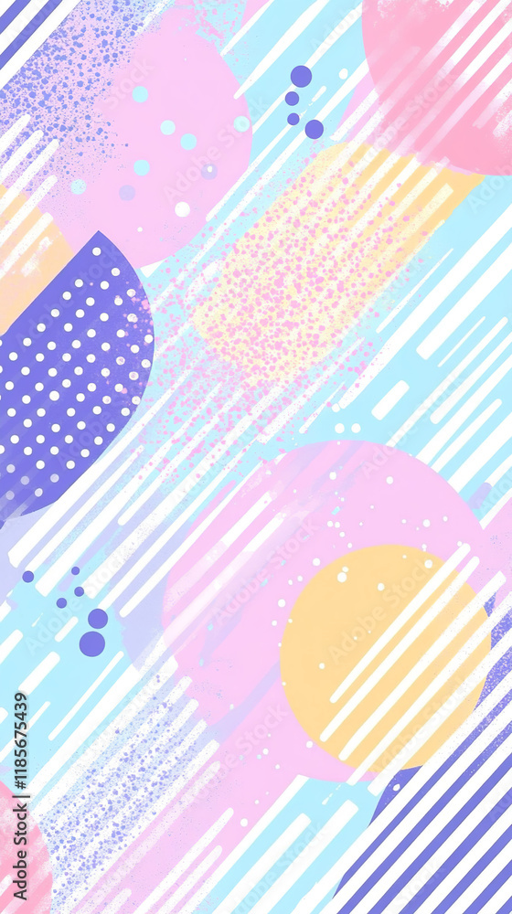 The image is a vibrant abstract composition featuring pastel colors and various geometric shapes, including circles and lines