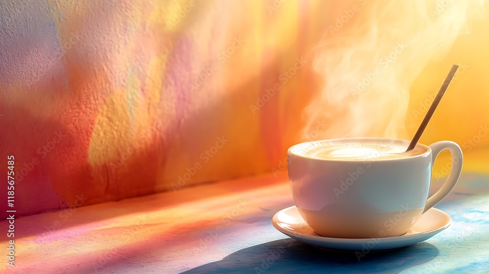 A cup of steaming latte with frothy milk accompanied by a slender wooden stirrer isolated on a colorful background A cup of steaming latte with frothy milk accompanied by a slender wooden stirrer isolated on a colorful background