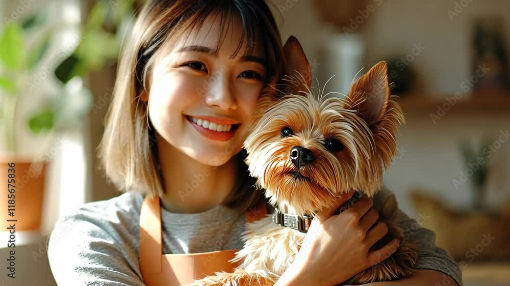 Smiling Asian woman with short hair wearing an apron, holding a Yorkie dog in a cozy room filled with warm sunlight Smiling Asian woman with short hair wearing an apron, holding a Yorkie dog in a cozy room filled with warm sunlight