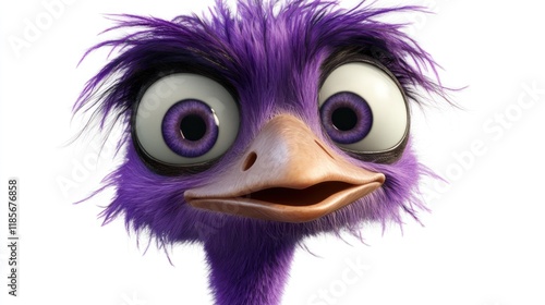 Close-up of a purple, cartoon ostrich with large eyes and surprised expression. photo