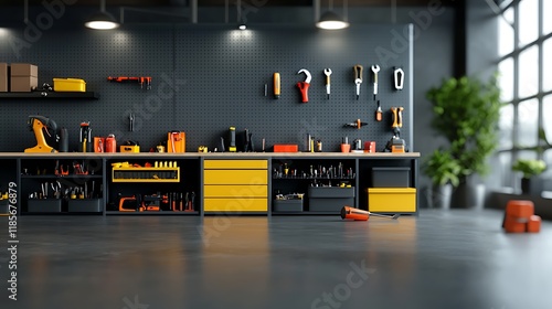 Industrial style tool storage room with pegboards shelves and drawers for organizing a wide range of tools equipment and supplies  The room features a modern photo