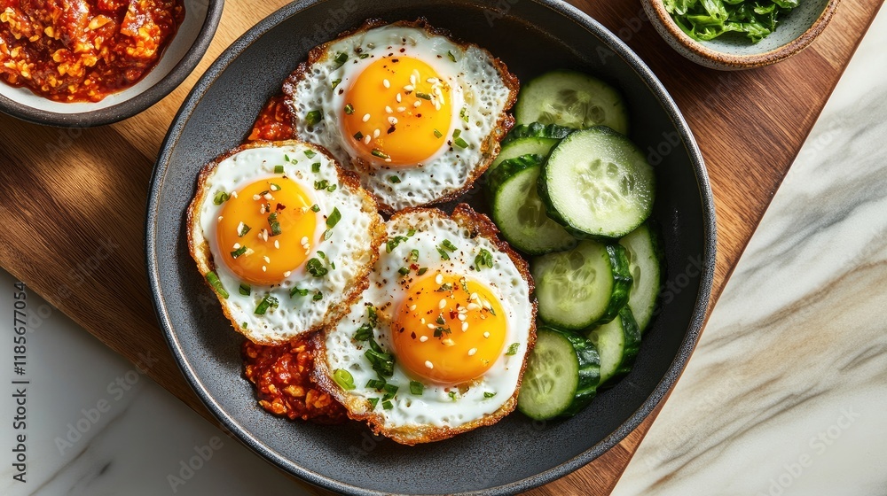 A top-down view of a pan filled with perfectly fried eggs, served alongside a small bowl of chili paste and slices of fresh cucumber on a wooden board. A top-down view of a pan filled with perfectly fried eggs, served alongside a small bowl of chili paste and slices of fresh cucumber on a wooden board.
