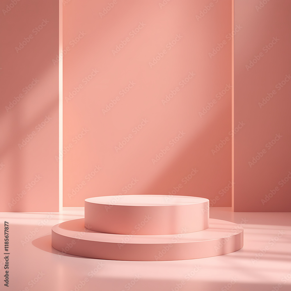 Fototapeta premium Pastel Pink Minimalist Platform: Sunlit Cylinders and Soft Shadows