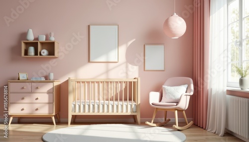 A 3D-rendered stock photo of a modern nursery with a crib, pastel decorations, and a rocking chair.